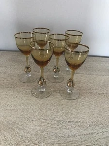 Unique Amber Cordial Glasses (set of 6) Gold Ball Stem Design w/ Gold Rim - Picture 1 of 3