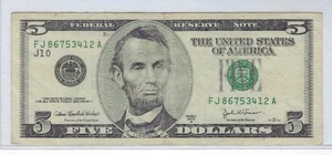 $5 FRN J10 F/VF–Fancy Serial #86753412 – Very Cool + Gift! AZ10a - Picture 1 of 3