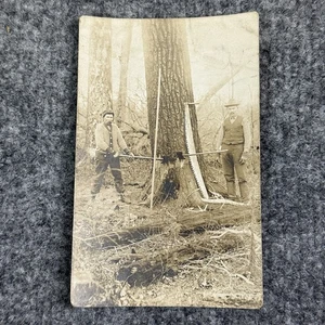 Vintage Holzfäller RPPC Holzfäller Sägen Baum Kappsäge Anfang 1900 Boyne Mi Foto - Bild 1 von 5