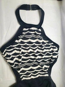 CLEAN WATER Ladies Size M Halter One Piece Swimsuit Black & White Waves - Picture 1 of 8