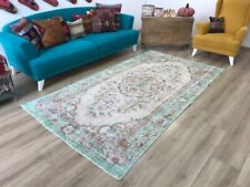 beige green rug, handmade rug, boho rug, old rug, distressed rug, 5.3 x 8.7 ft