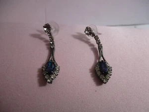 Vintage Blue- Lavender Faux Gems w Rhinestone Drop Dangle Pierced Earrings - Picture 1 of 8
