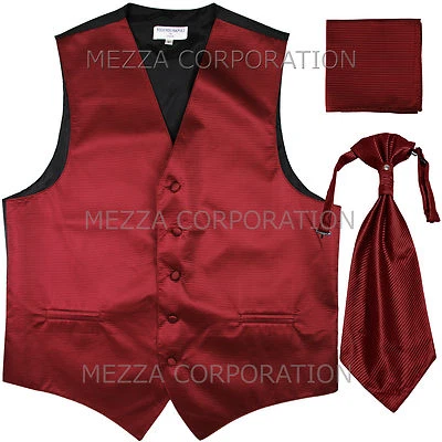 New Men's Tuxedo Vest Horizontal Stripes Ascot Cravat Hankie set party Burgundy - Image 1 of 3