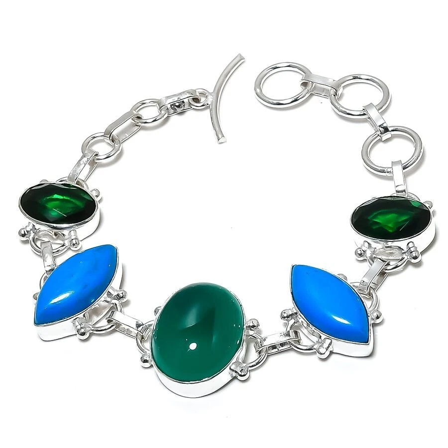 Green Onyx Gemstone 925 Sterling Silver Jewelry Bracelet Size 7-8" - Image 1 of 1