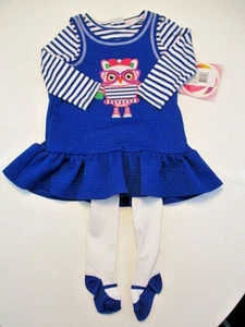 YOUNGLAND Vestido Conjunto Talla 24 Mos Azul Jersey Una Pieza Camisa Medias Búho 3 piezas Nuevo con Etiquetas - Imagen 1 de 14