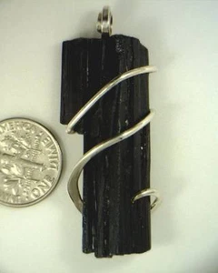 66.52ct Black Schorl Tourmaline Crystal in Sterling Silver Pendant Art Wrap - Picture 1 of 4