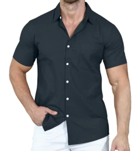 KUYIGO Herren Freizeit Leinen Button Down Hemd Kurzarm Hemd - L, Jeansblau - Bild 1 von 2