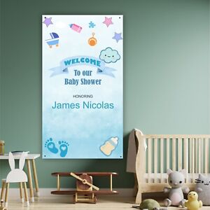 Boy Baby Shower Blue Banner Name Personalized. Party Backdrop Entry Welcome Sign