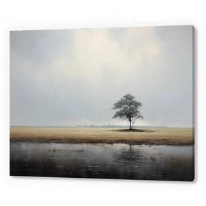 Vintage River Tree Country Landscape, Antique Countryside Moody Canvas Print - Picture 1 of 9