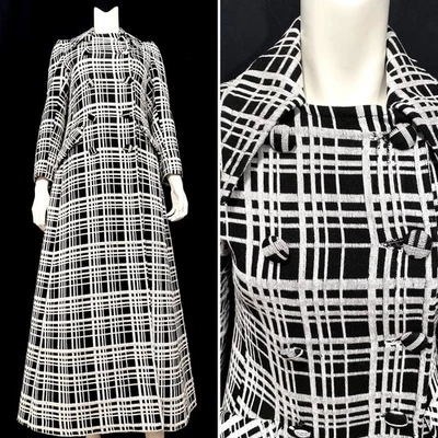 IMPRESIONANTE MAXI ABRIGO METÁLICO AÑOS 60 Negro Plata Cuadros Largo Vintage Vacaciones Años 70 Foto 1 de 4