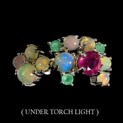 Anello in argento sterling 925 rotondo rubino smeraldo opale di fuoco gemma... - Immagine 1 di 4