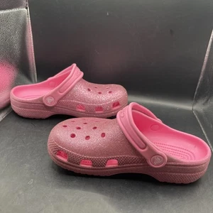 Crocs Shoes Girls J2 Pink Classic Clogs Unlined Glitter Slip On Casual - Picture 1 of 6