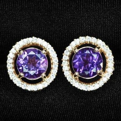 Pendientes Chicly Indigo Violeta Espinela Redondos 2.50Ct Plata de Ley 925 Oro Rosa Foto 1 de 4