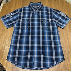 Harley Davidson HDMC SS Shirt Metal HD Snap Up Blue/Black/White Plaid Mens M - Picture 1 of 10
