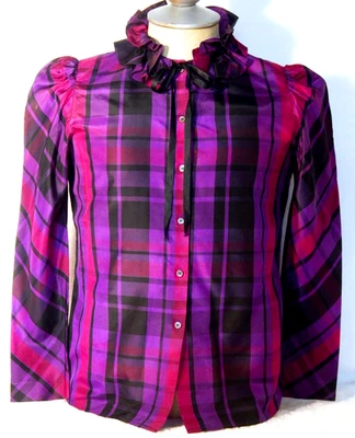 Blusa a cuadros negra/púrpura CHRISTIAN DIOR para dama mezcla de seda talla 6 (defectos) Foto 1 de 4