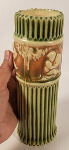 Vintage Roseville Vase Donatello Cherubs Trees Green Beige Vertical Fluting A82 - Picture 1 of 7