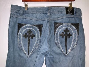VINTAGE Y2K REQUIEM MEN LIGHT BLUE JEANS SIZE 40 INSEAM 35" CROSS BACK POCKETS - Picture 1 of 8