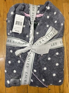 Laura Ashley Fleece Robe Sz L Grey White Polka Dot Plush 48" Long New - Picture 1 of 4