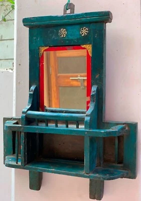 Wooden dressing mirror antique wall hanging blue painted old Indian frame decor - Image 1 of 4