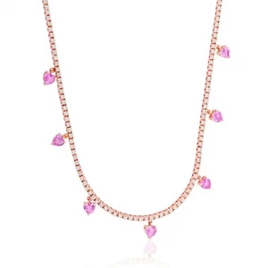 Synthetic Heart Pink Sapphire Round Cut Natural Diamond 18k Rose Gold Necklace - Picture 1 of 8