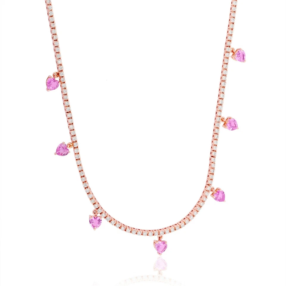 Synthetic Heart Pink Sapphire Round Cut Natural Diamond 18k Rose Gold Necklace - Image 1 of 4