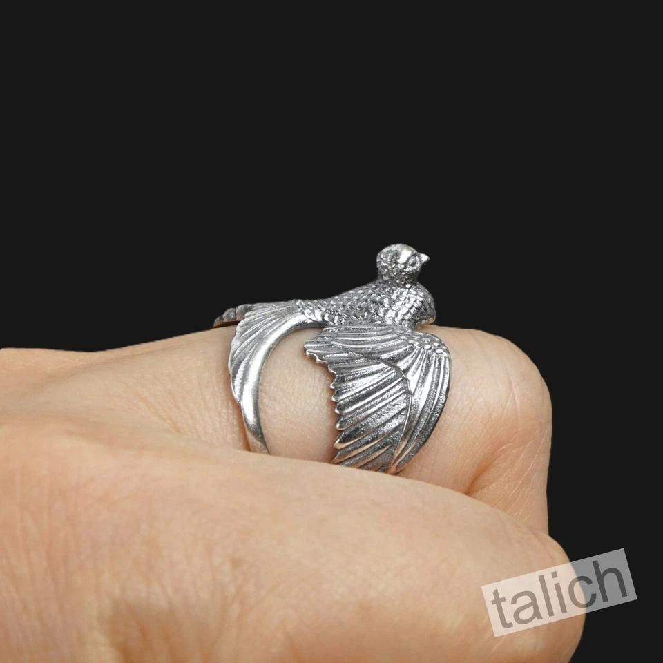 Unique 925 Sterling Silver Detailed Open Wing Bird Swallow Wrap Ring Adjustable - Image 1 of 4