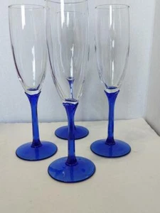 Champagne Flutes Cobalt Stems Clear Bowl. Set of Four. 8" Art Deco Stem - Picture 1 of 7