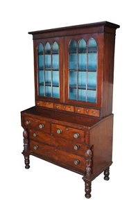 Antique American Federal Flame Mahogany Secretary Writing Desk Gothic Bookcase - Picture 1 of 19