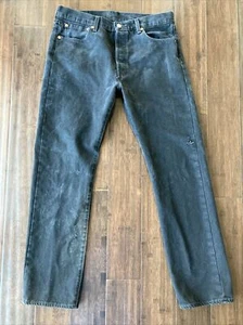 Levis 501 Button Fly Black Denim Jeans Size 34x32 Distressed Faded Holes - Picture 1 of 12