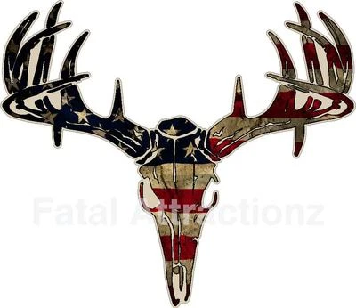 FATAL ATTRACTIONZ Distressed American Flag Deer Skull S4 Vinyl Sticker Decal Hunting USA Buck