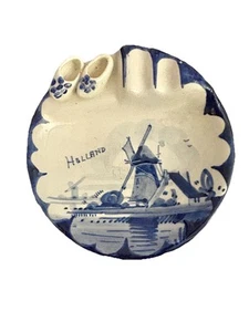Vintage Delft Ashtray Blue Porcelain Ceramic Handpainted Holland Windmill Clogs - Picture 1 of 7