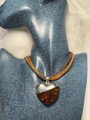 Cognac Baltic Amber Heart Pendant Necklace With Sterling Silver 925 12.4g - Image 1 of 4