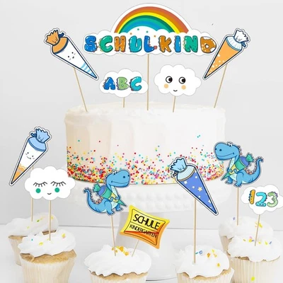 Tortendeko zur Einschulung, 12-teilig Einhorn-Thema Schulanfang Cupcake Topper - Bild 1 von 4