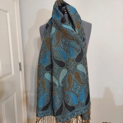 Pashmina Silk Shawl Wrap Scarf Blue Paisley 27" x 69" - Image 1 of 4