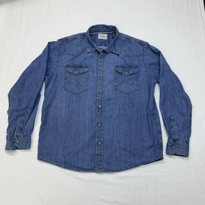 Wrangler Pearl Snap Shirt Men Large Blue Denim Western Long Sleeve Dark Wash - Picture 1 of 17