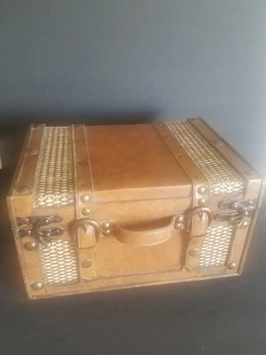 Large Hardwood, Leather, Rattan Dual Strap Trunk Style Storage Box 13×9×7" - Image 1 of 4