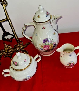 ROSENTHAL ROSE IVORY w GOLD COFFEE POT w LID & CREAMER & SUGAR-VINTAGE PRIME! - Picture 1 of 22