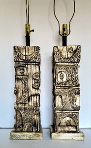 2 Vintage Mid Century Modern XL Abstrakt Brutalistisch Antik Gold Keramik Tischlampen - Bild 1 von 19