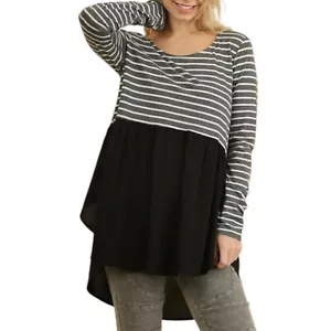 Umgee Long Sleeve Tunic Top Hi Low Hem Striped Flowy Gray Black Womens L Boho - Picture 1 of 10
