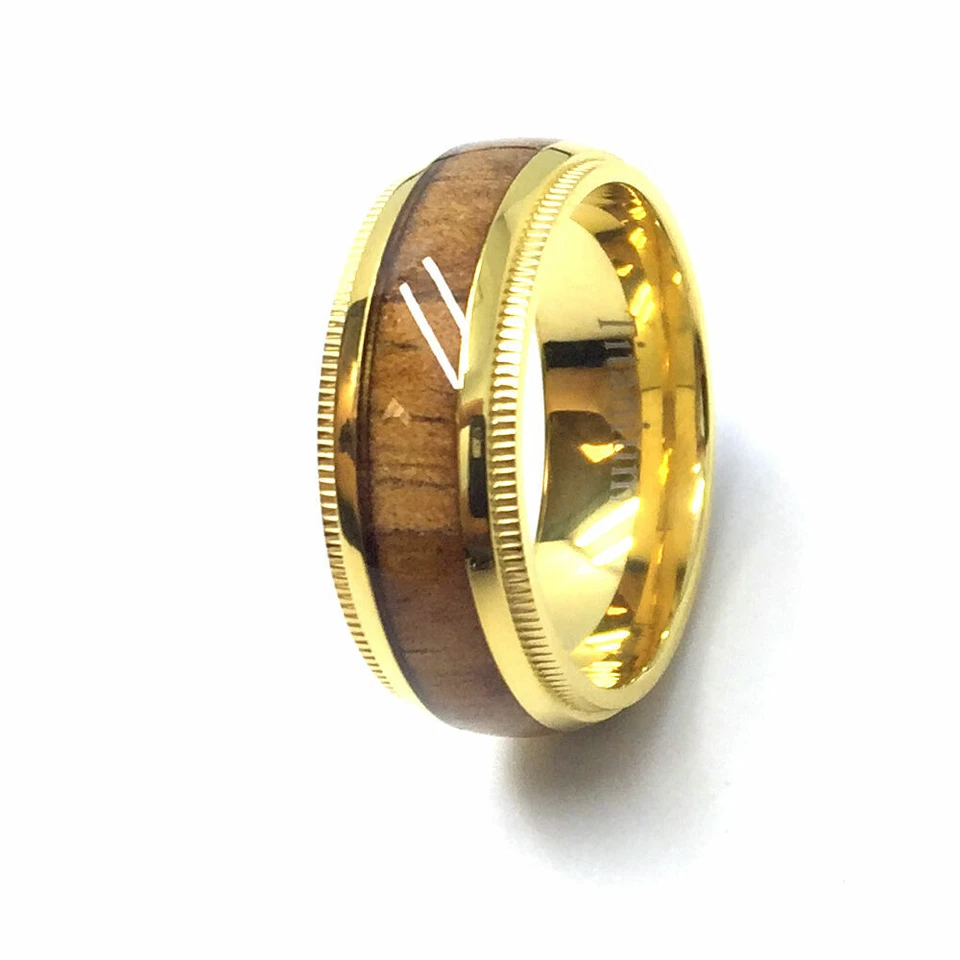 8mm Men's or Ladies Titanium Gold Plated Milgrain Edge wood wedding band ring  - Изображение 1 из 1