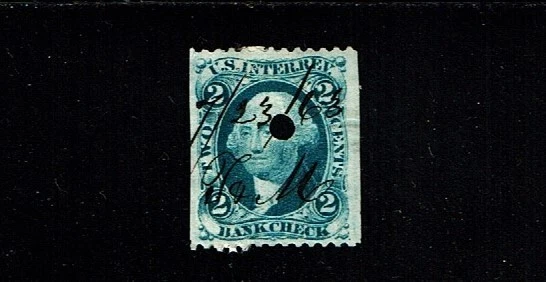 1862-71 Revenue First Issue Washington 2c Blue  Bank Check Sc#R5b PP PC Scarce! - Image 1 of 1