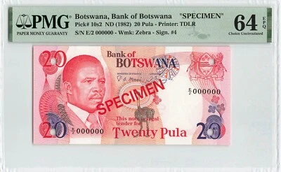BOTSUANA 20 Pula 1982, P-10s2 ESPECIMEN, PMG 64 EPQ Elección UNC E/2 000000, Escaso Foto 1 de 2