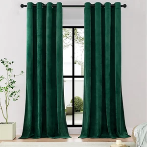 Dark Green Velvet Curtains - Grommet Blackout Curtains Thermal Insulated Window - Picture 1 of 8
