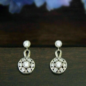 Women's Drop Dangle Earrings Round Cut Simulated Diamond 14k White Gold Plated - Picture 1 of 5