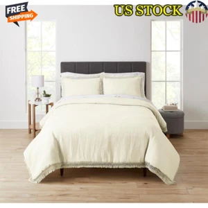 3Pcs Duvet Cover Set Cotton Soft Washable Macrame Trim Shams Included Full/Queen - Picture 1 of 8