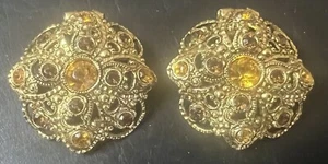 VTG Signed West Germany Topaz Glass Rhinestones Filigree Clip On Earrings Gold - Picture 1 of 10