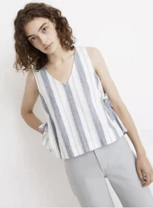 Débardeur femme Madewell en lin mélangé cravate latérale rayures taille S 65€. Haut bleu blanc - Photo 1/13