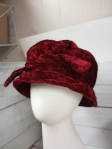 Vintage Burgunderrot Samt Cloche Hut mit Schleife Damen Elegant Winter Bucket  - Bild 1 von 7