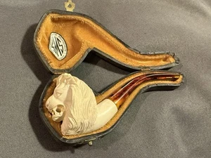 Antigua pipa de espuma de mar con cabeza de león con estuche de cuero original sin usar stock antiguo - Imagen 1 de 18