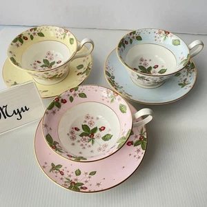 Set of 3, Wedgwood Wild Strawberry Bloom Cup & Saucer Pink Yellow Blue Peony - Picture 1 of 24